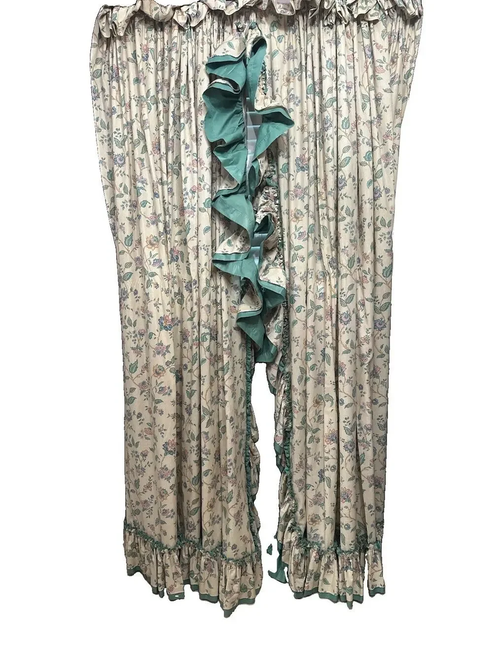 Vintage 1990S Pricilla Cottagecore Ruffled Curtains Tan With Mauve Blue Florals